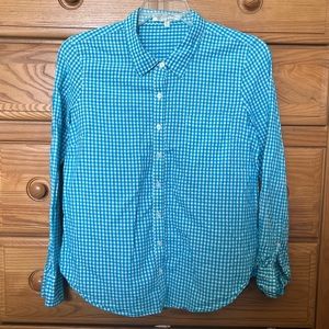 Women's Button Up Dress Shirt, White and Blue Gingham, Size Large Ellen Tracy